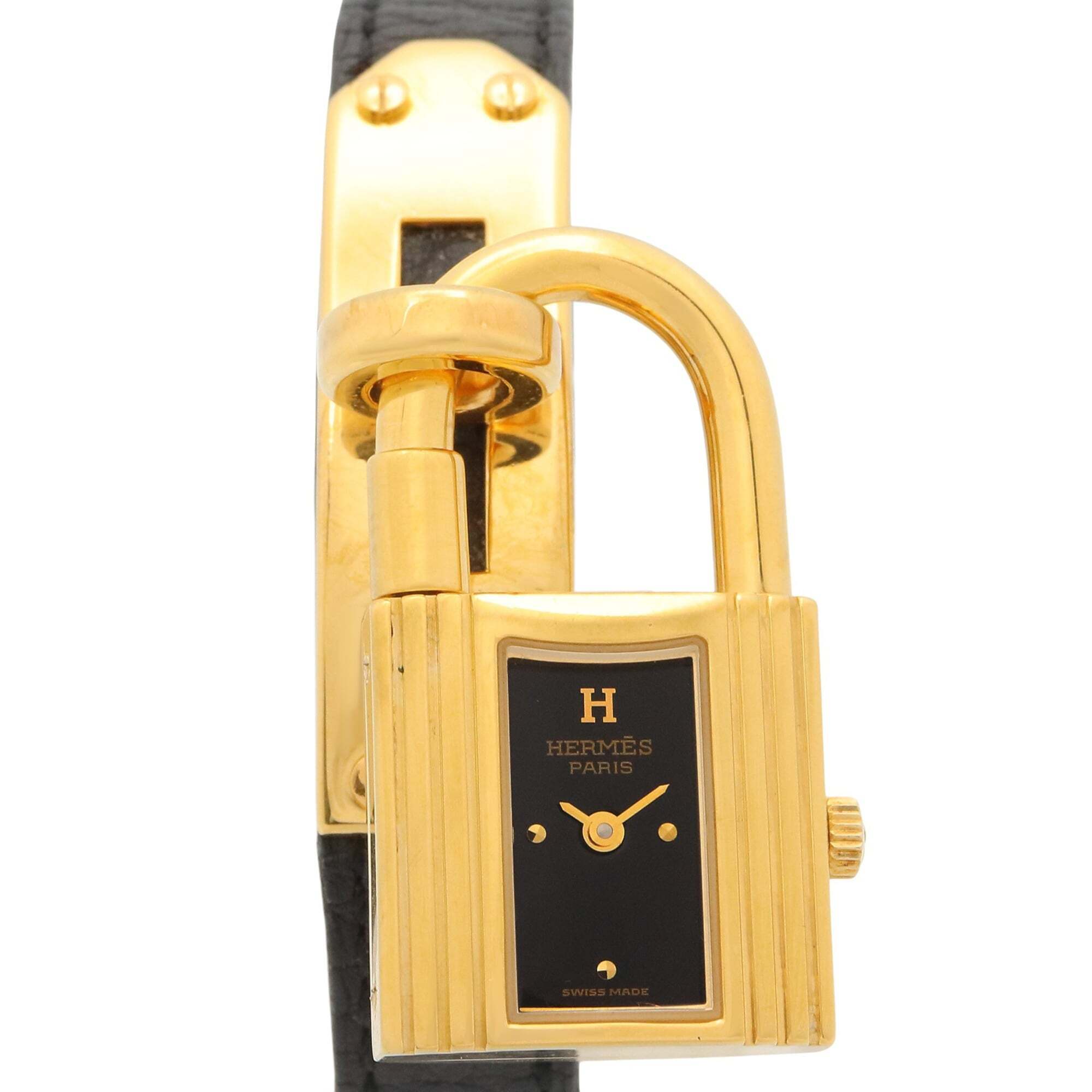 Hermes Kelly Watch Gold Plated Gp Leather Strap Womens Black Ke1201